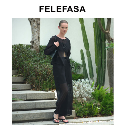 FELEFASA斐梵萨26夏女装 乔其纱真丝拼Bonaudo牛皮阔腿长裤