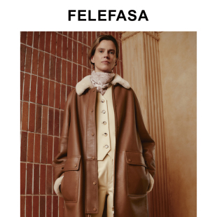 FELEFASA斐梵萨冬女装 美利奴皮毛一体毛领大衣外套