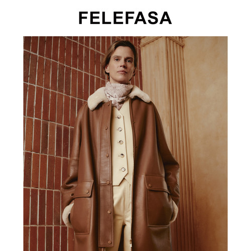 FELEFASA斐梵萨冬女装 美利奴皮毛一体毛领大衣外套
