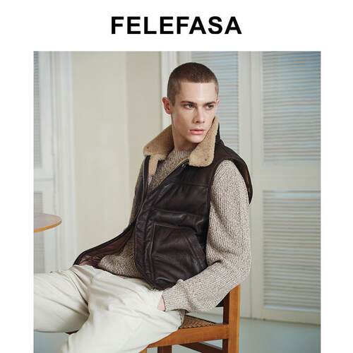 FELEFASA斐梵萨男装 拉贡皮毛一体短款复古翻领马甲