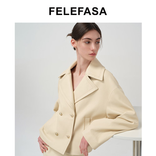 FELEFASA真皮翻领双排扣皮衣