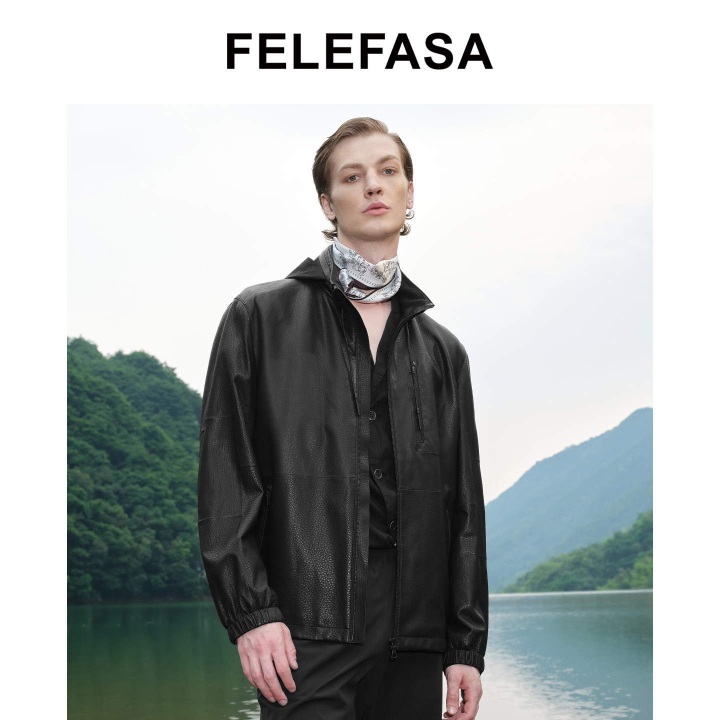 FELEFASA斐梵萨秋男装 Bonaudo羊皮立领折叠帽夹克皮衣外套