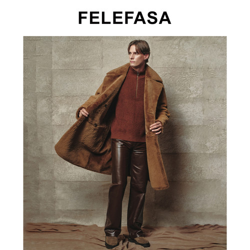 FELEFASA斐梵萨冬新品男装 美丽奴皮毛一体长款大衣外套