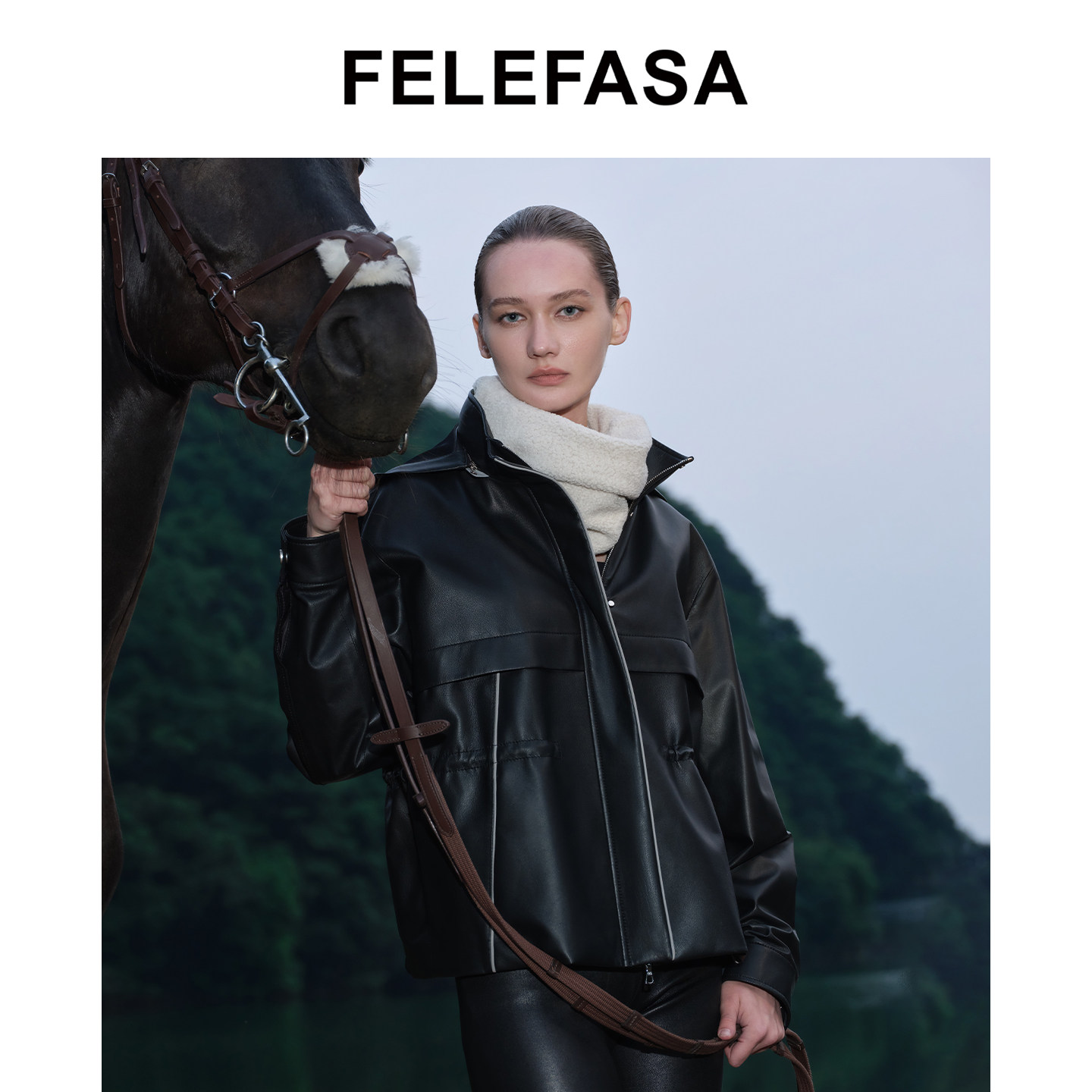 FELEFASA斐梵萨秋女装 Bonaudo羊皮抽绳收腰连帽夹克皮衣外套