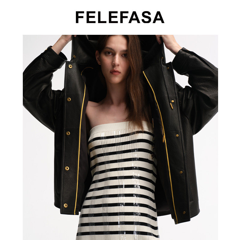 FELEFASA斐梵萨女装 Bonaudo羊皮连帽夹克皮衣外套