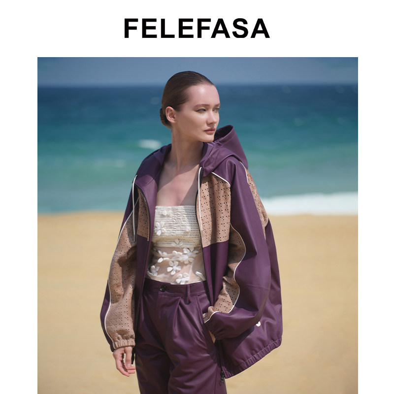 FELEFASA斐梵萨女装 Bonaudo牛皮拼拉贡皮毛一体连帽夹克皮衣外套