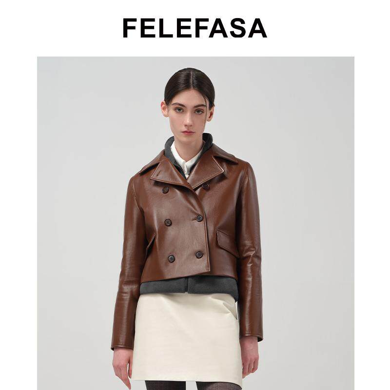FELEFASA斐梵萨女士 Bonaudo羊皮短款双排扣翻领修身夹克皮衣外套