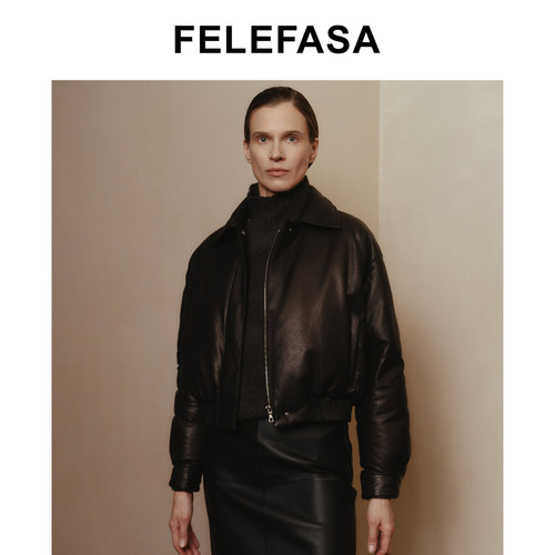 FELEFASA斐梵萨冬女装 西班牙LaDoma羊皮短款翻领皮羽绒服外套