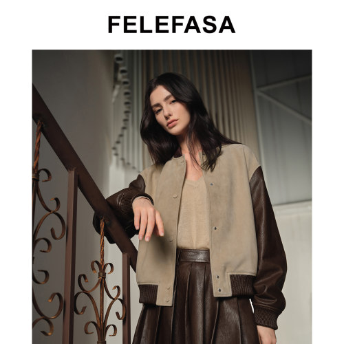 FELEFASA羊皮绒面撞色棒球服女