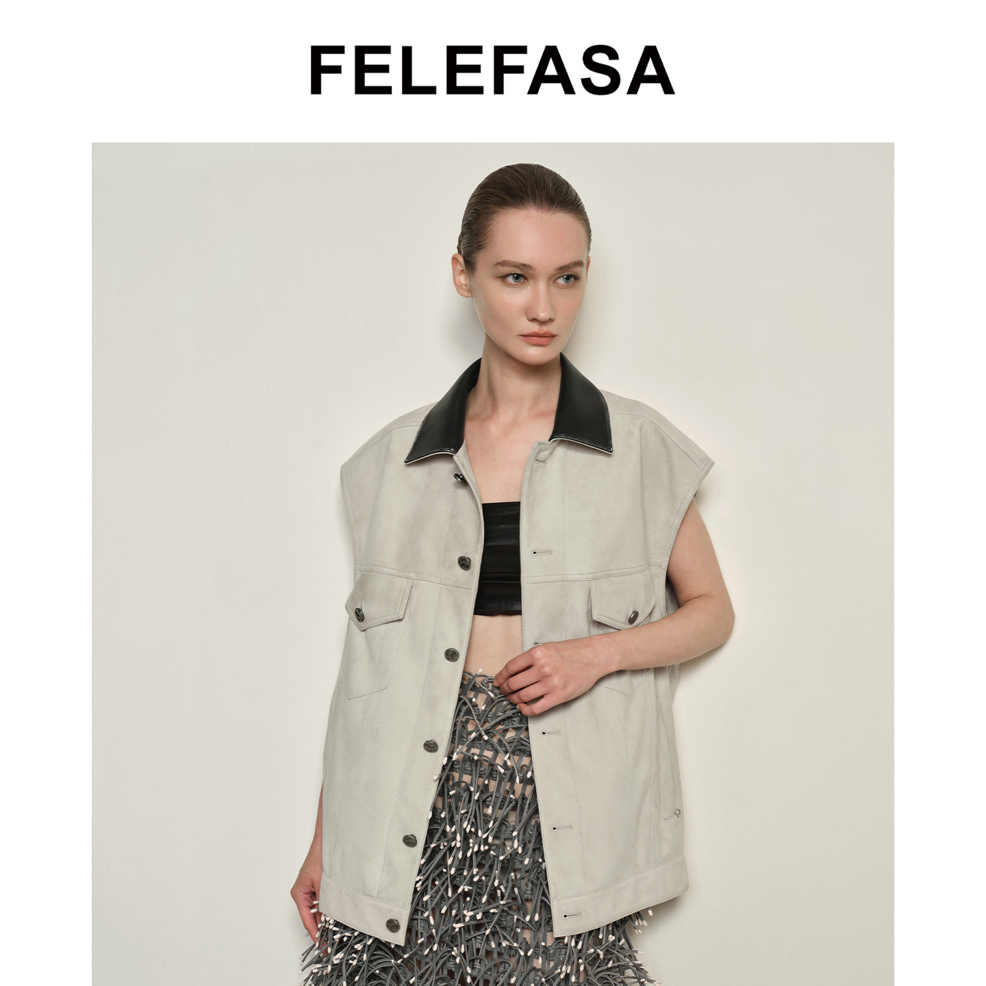 FELEFASA斐梵萨秋女装 Bonaudo羊皮复古灯芯绒纹马甲皮衣外套