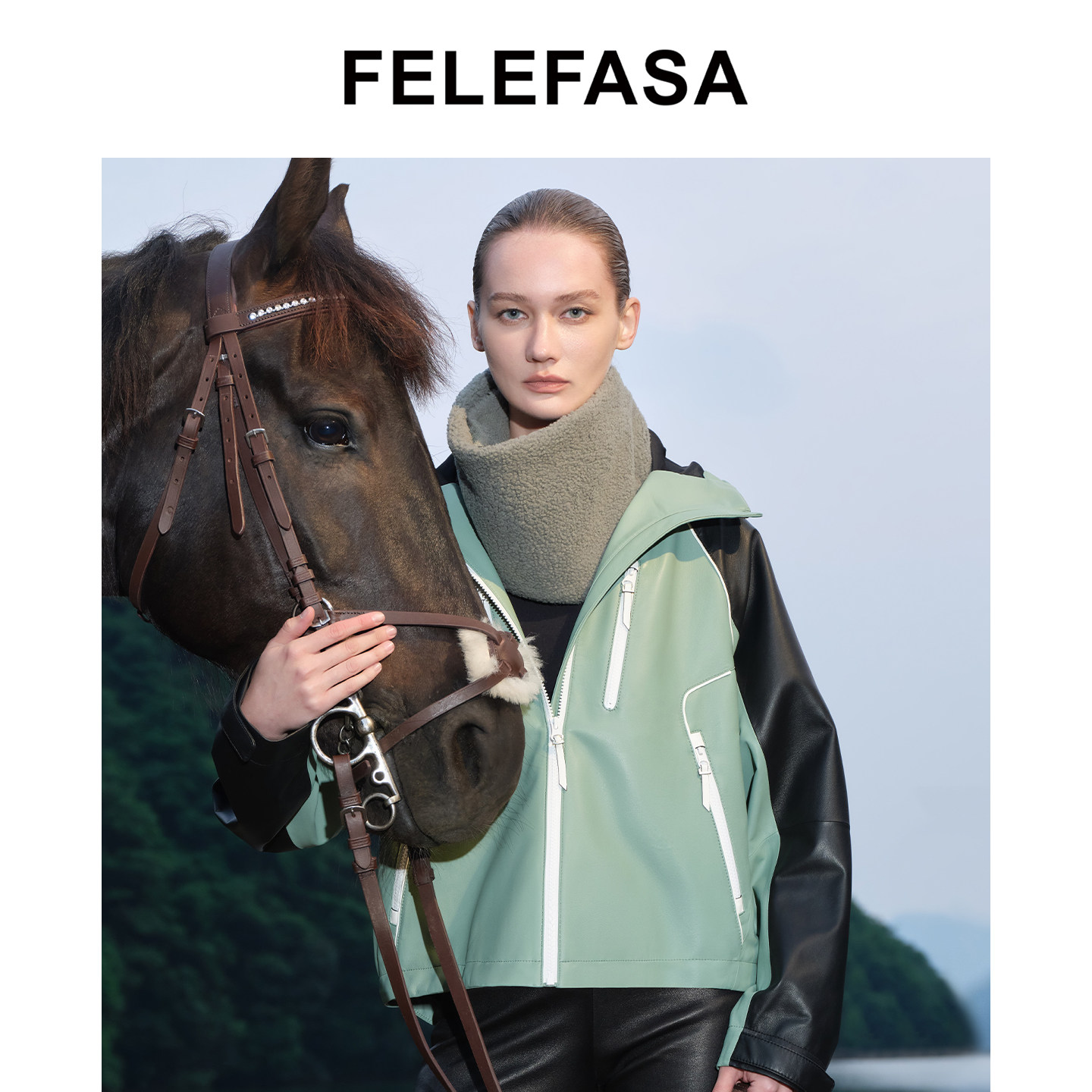 FELEFASA斐梵萨秋女装 Bonaudo羊皮撞色廓形连帽夹克皮衣外套
