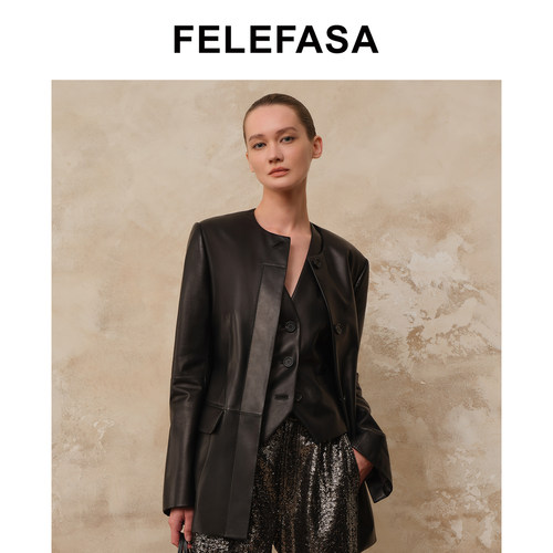 FELEFASA斐梵萨秋女装 Bonaudo羊皮中长款圆领收腰夹克皮衣外套