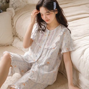 开衫 睡衣女夏季 梭织纱布家居服薄款 短袖 甜美碎花家居服 七分裤
