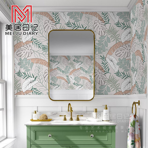奶油风手绘植物绿植花片壁砖化妆室浴室花砖艺术图案哑柔光岩板