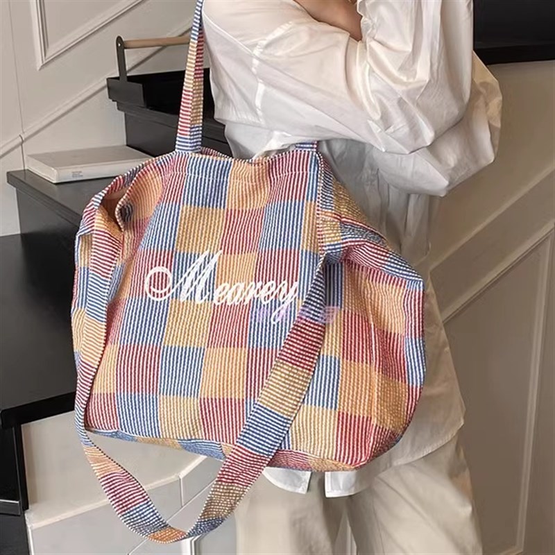 夏日松弛感大容量帆布包女休闲清新单肩斜挎包多巴胺度假风托特包