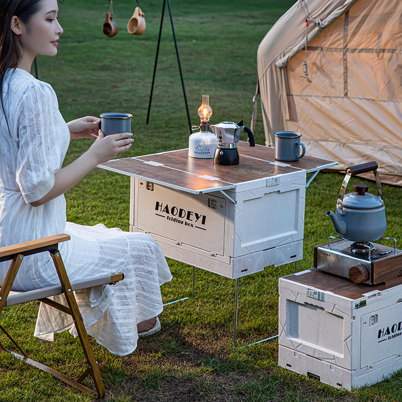 户外露营收纳箱折叠箱车载野营整理箱后备箱置物箱小推车木盖桌面