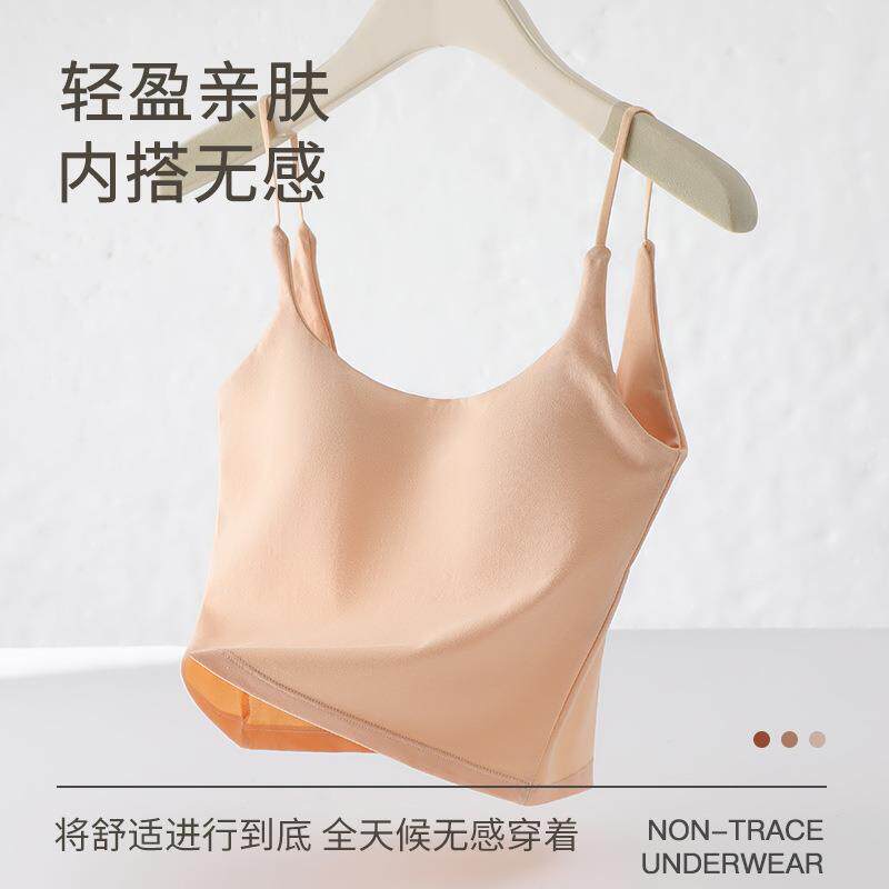 新款直销纯棉细带胸垫一体式内衣女吊带小背心露脐打底内搭抹胸美