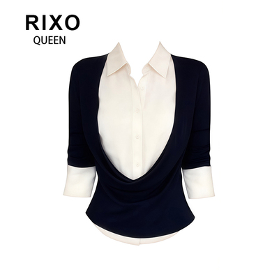 RIXO QUEEN韩系假两件撞色上衣女长袖高级御姐感衬衫修身显瘦上衣