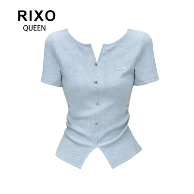 RIXO QUEEN蓝色V领正肩短袖针织衫女夏韩系开叉掐腰显瘦短款上衣