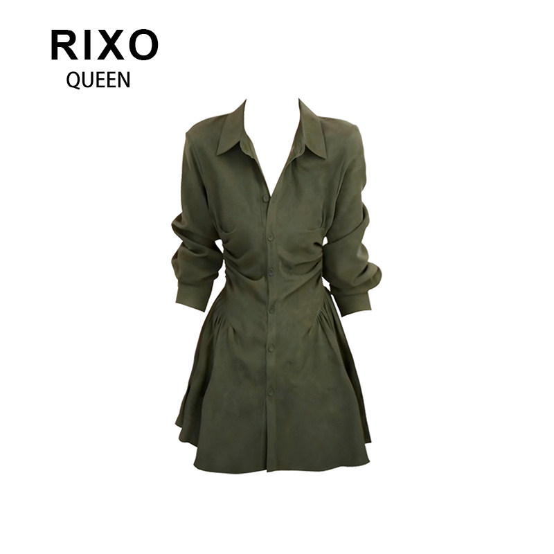 RIXO QUEEN轻熟风POLO领长袖衬衫连衣裙女秋冬小众收腰显瘦A字裙