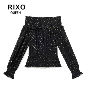 RIXO QUEEN陈瑶同款春夏新经典黑波点长袖雪纺宽松一字肩气质上衣