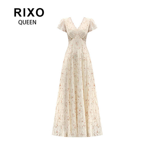 RIXO QUEEN法式v领黄色碎花连衣裙女夏季新款超好看遮肉显瘦裙子
