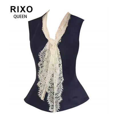 RIXO QUEEN韩系蕾丝拼接修身背心上衣女夏小众显瘦V领无袖衬衫