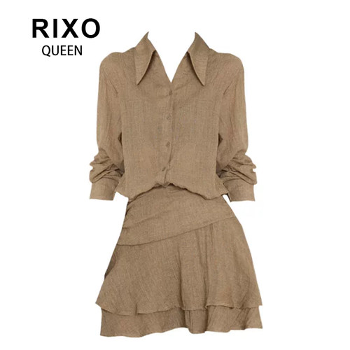 RIXO QUEEN法式气质温柔风两件套长袖衬衫高腰短裙套装女夏季新款