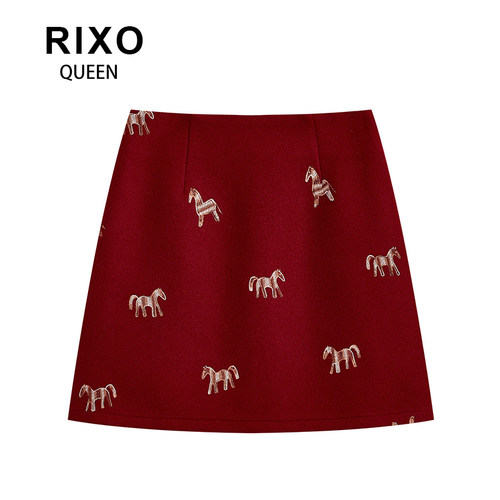 RIXO QUEEN红色复古刺绣半身裙女秋冬款新年本命年穿搭a字裙短裙