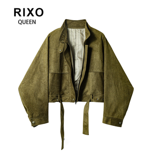 RIXO QUEEN美式复古苔原绿麂皮绒外套秋冬工装短款鹿皮绒开衫上衣