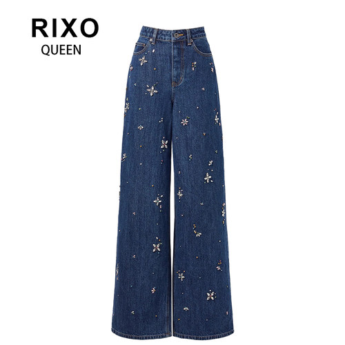 RIXO QUEEN赵丽颖同款牛仔蓝彩钻高腰阔腿牛仔裤长裤高级感直筒裤