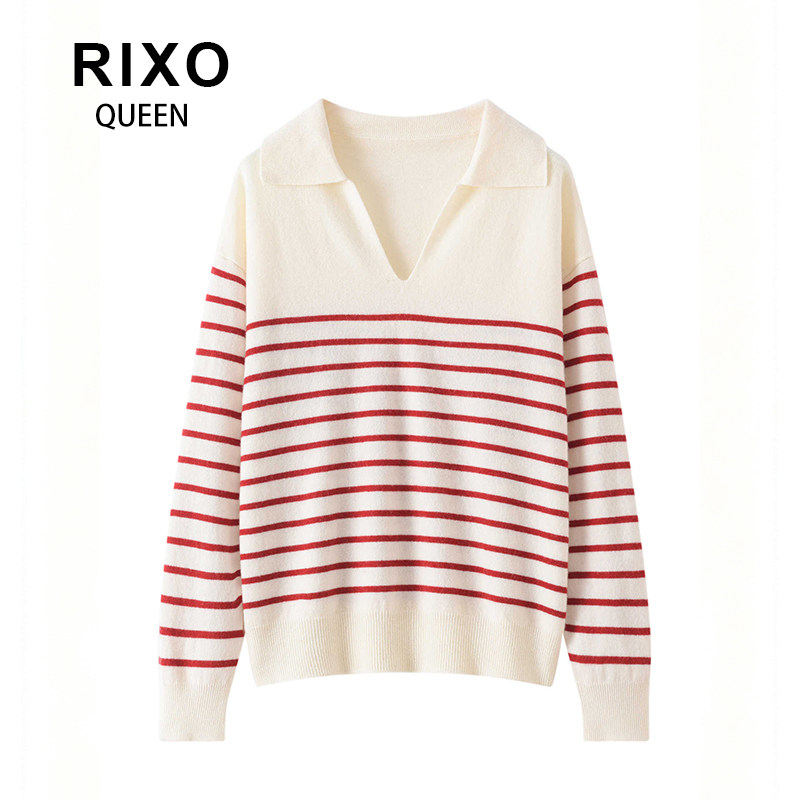 RIXO QUEEN法式复古红色高级感条纹针织衫女秋冬宽松内搭v领毛衣图片