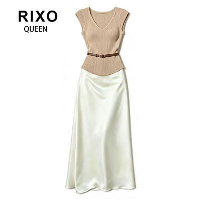 RIXO QUEEN醋酸半身裙子套装夏流光缎面鱼尾长裙针织上衣气质穿搭