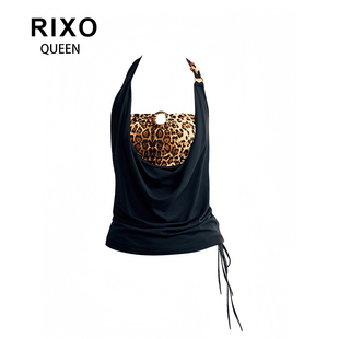 RIXO 辣妹风豹纹挂脖荡领假两件吊带背心小众显瘦上衣潮 QUEEN美式