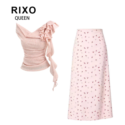 RIXO QUEEN荡领飘带斜肩短袖t恤粉色碎花高腰半身裙纯欲风穿搭