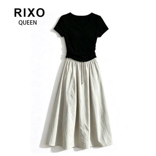 RIXO QUEEN正肩短袖T恤夏显瘦针织短款上衣a字冰丝南瓜裙长裙套装