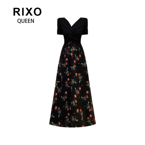 RIXO QUEEN茶歇法式黑色碎花连衣裙高级感假两件a字裙子2026新款