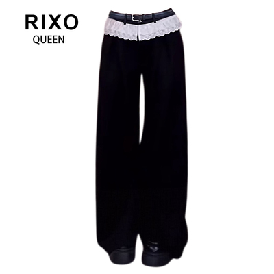 RIXO QUEEN大码胖妹妹复古花边拼接黑色西装裤女2026假两件阔腿裤