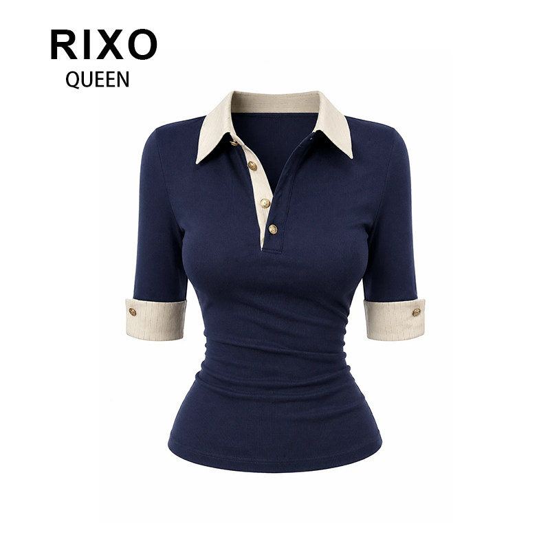 RIXO QUEEN复古风polo领假两件撞色短袖T恤女夏修身显瘦翻领上衣
