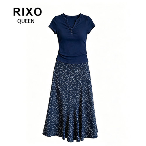 RIXO QUEEN绝美减龄一整套女款藏蓝色半开领短袖上衣半身裙两件