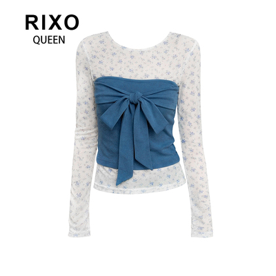 RIXO QUEEN韩系长袖T恤两件女春蓝色抹胸碎花微透内搭打底衫上衣