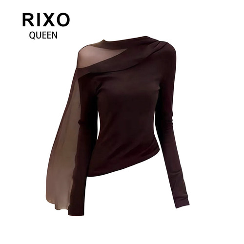 RIXO QUEEN复古美拉德斜领露肩网纱飘带t恤女辣妹显瘦打底上衣