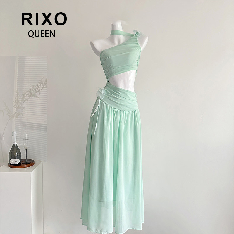 RIXO QUEEN“丝萝乔木”设计感斜肩纯欲网纱收腰连衣裙长款