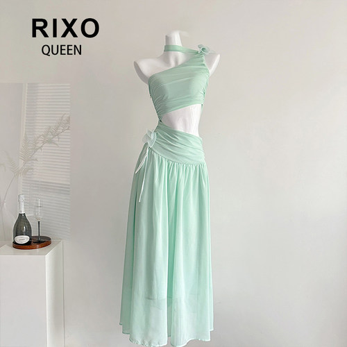 RIXO QUEEN“丝萝乔木”设计感斜肩纯欲网纱收腰连衣裙长款