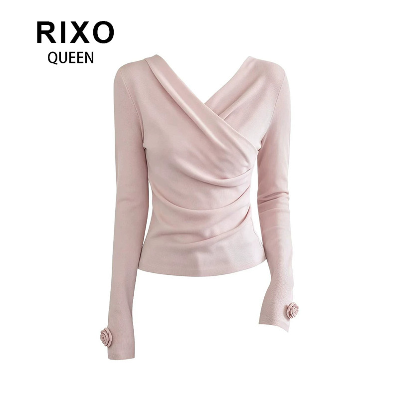 RIXO QUEEN粉色v领针织衫女秋季韩系打底衫设计感t恤长袖上衣