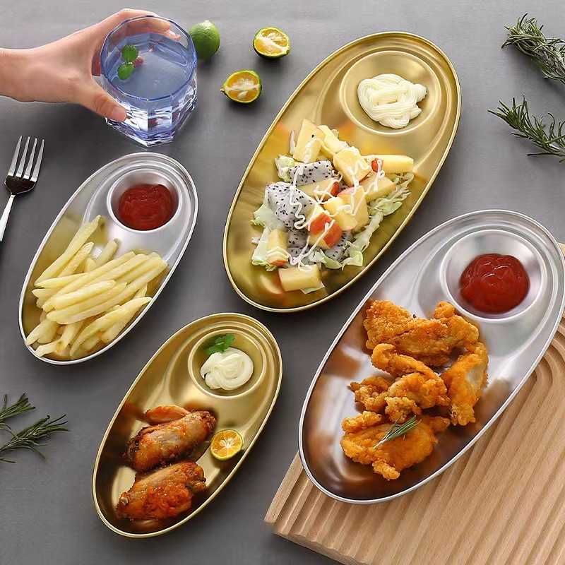 新款直销304韩式不锈钢饺子盘加厚金色托盘酱料盘炸鸡薯条带酱料