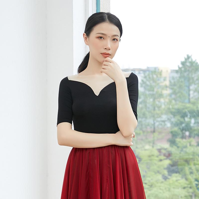 新款直销性感网纱拼接名族古典舞演出服上衣现代中国舞基础训练练