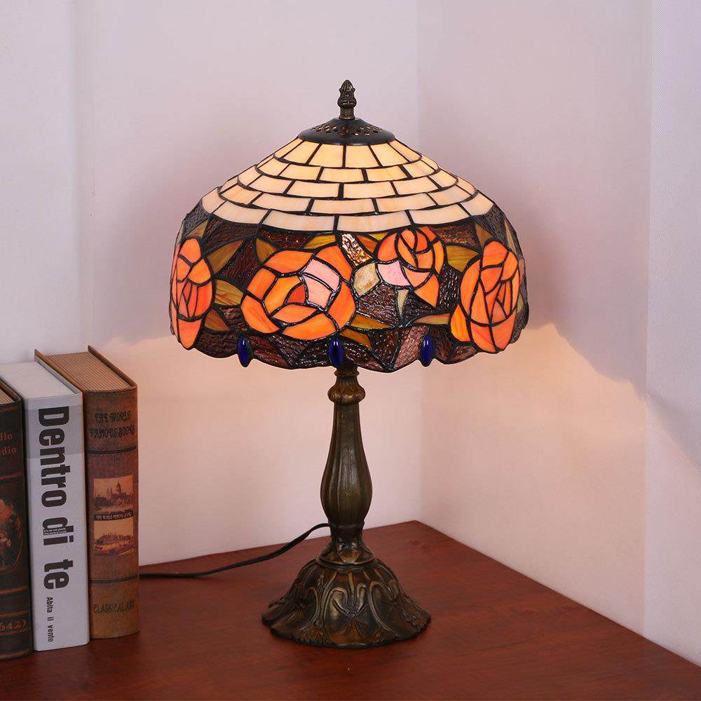 新款直销欧式复古台灯彩色玻璃客厅餐厅卧室床头书房玫瑰花装饰台