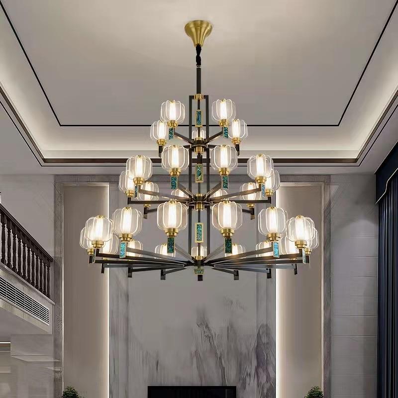 新款直销复式楼大吊灯全铜新中式中国风客厅铜灯现代中式别墅楼中