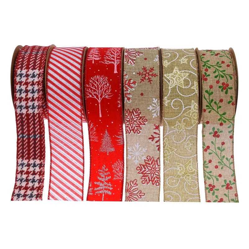 新款直销跨境新品铁丝边仿麻呢绒圣诞丝带 圣诞树装饰蝴蝶结材料